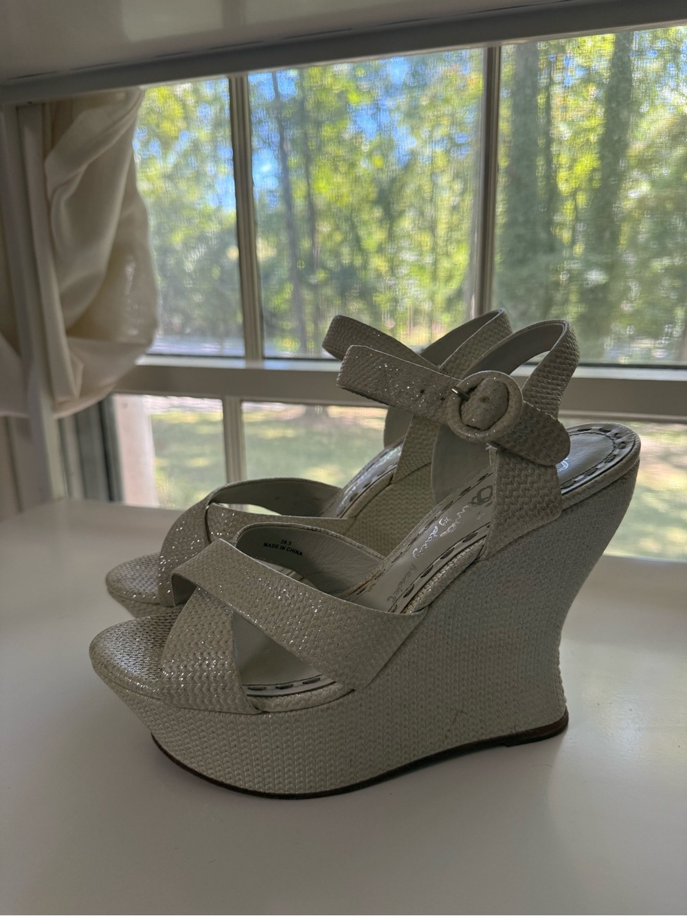 Alice and Olivia Wedge Sandals in Pearl White with Ankle Strap